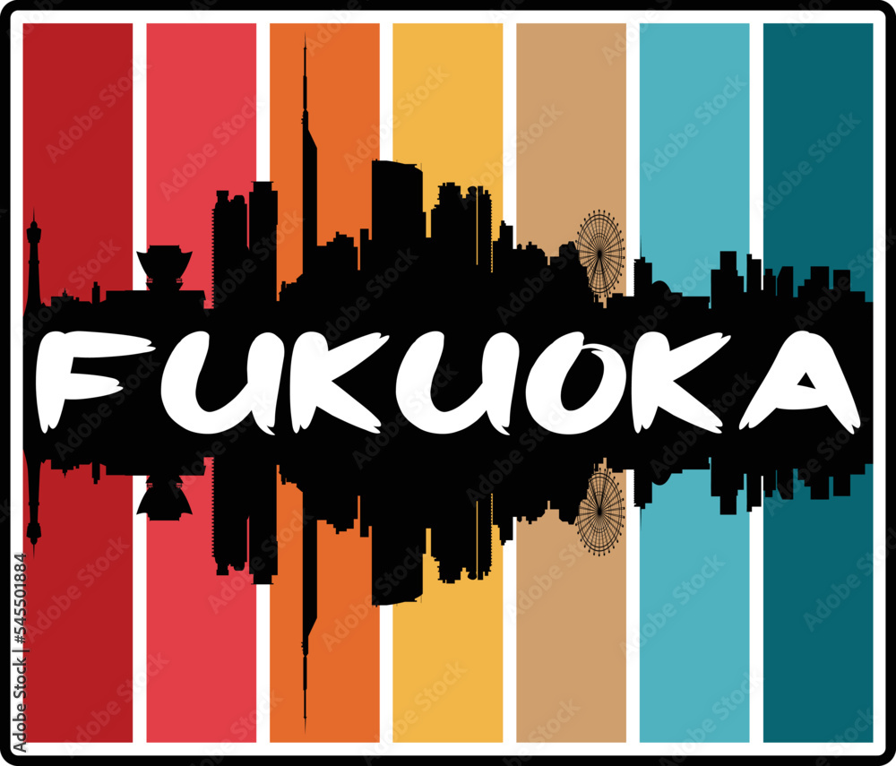 Fukuoka Japan Skyline Sunset Travel Souvenir Sticker Logo Badge Stamp Emblem Coat of Arms Vector Illustration EPS