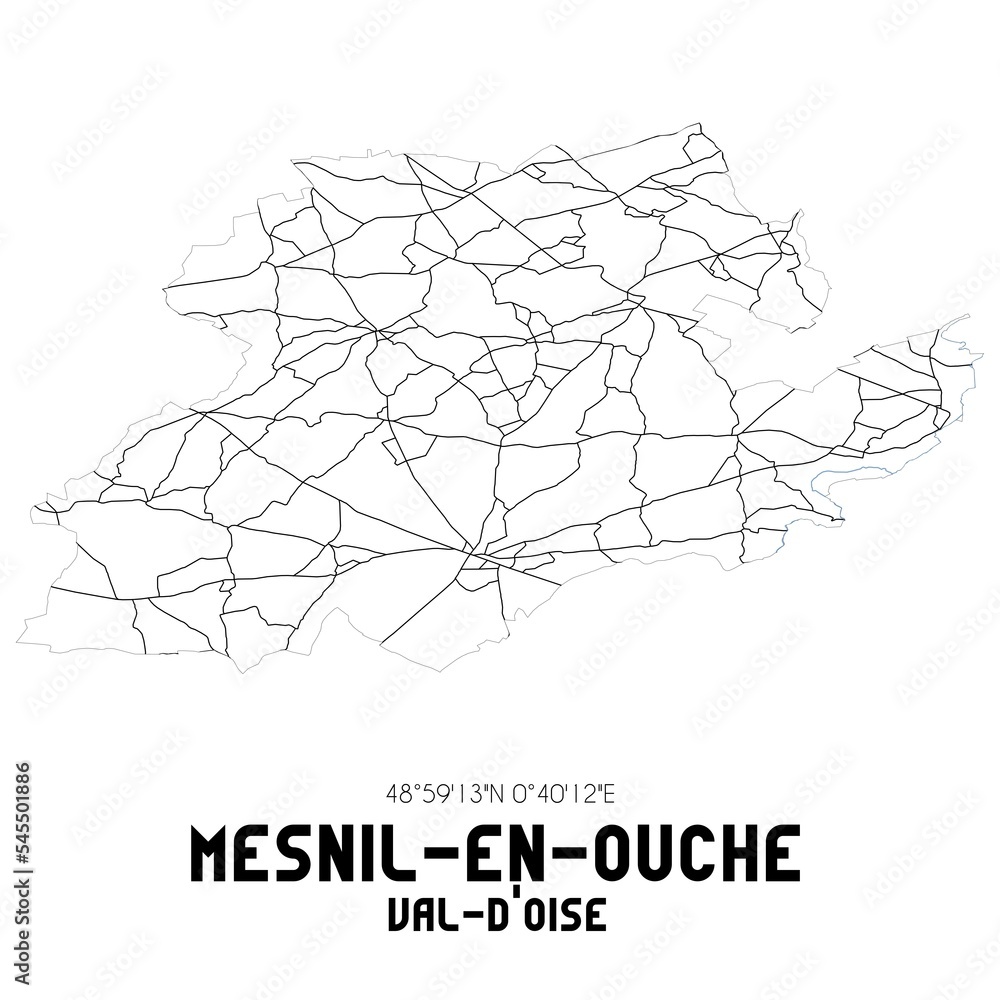MESNIL-EN-OUCHE Val-d'Oise. Minimalistic street map with black and white lines. MESNIL-EN-OUCHE Val-d'Oise. Minimalistic street map with black and white lines.