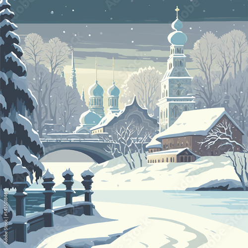Vector illustration of Ukranian orthodox church in winter landscape