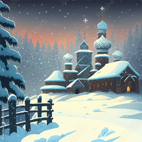 Vector illustration of Ukranian orthodox church in winter landscape