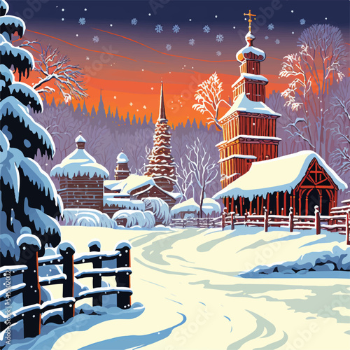 Vector illustration of Ukranian orthodox church in winter landscape