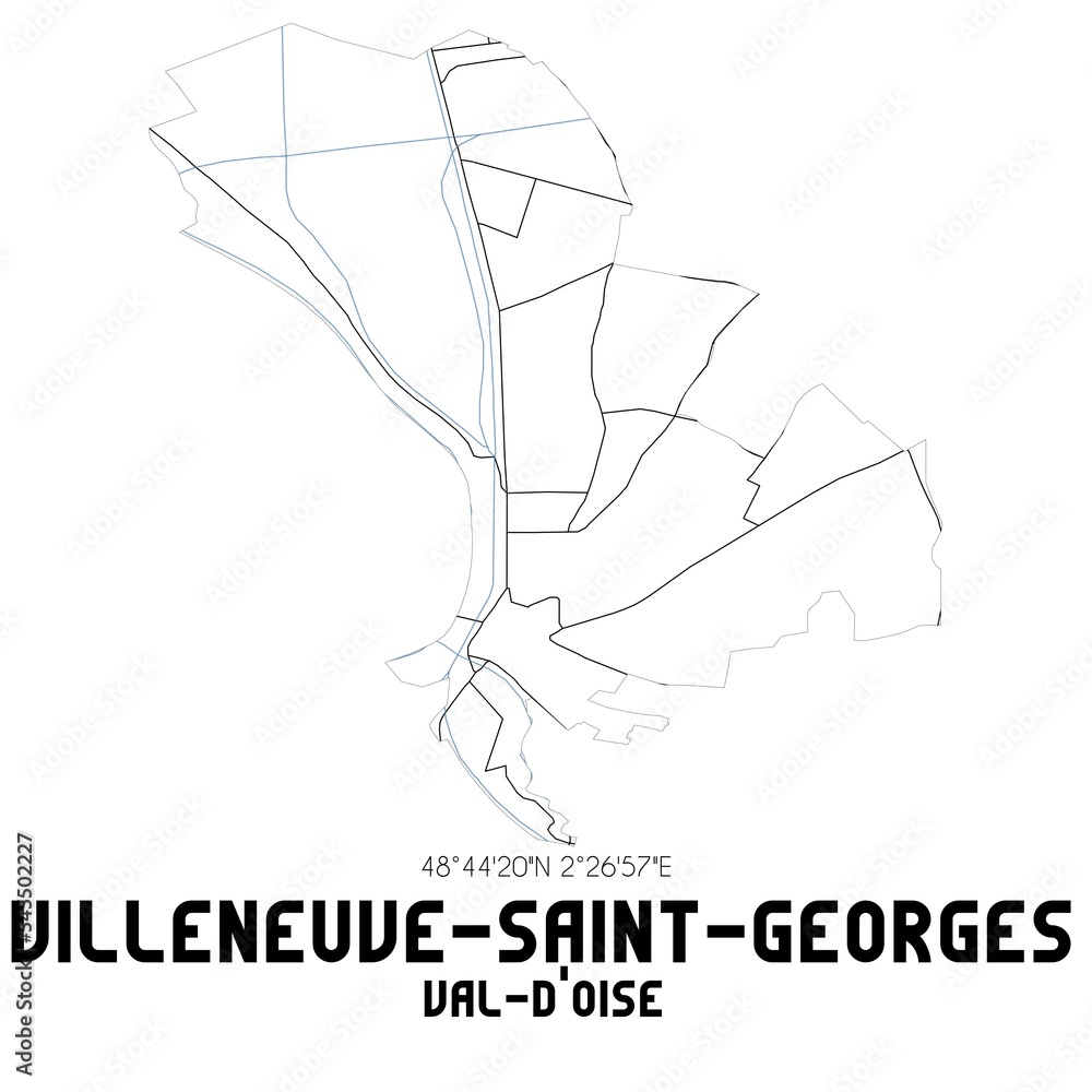 VILLENEUVE-SAINT-GEORGES Val-d'Oise. Minimalistic street map with black and white lines.