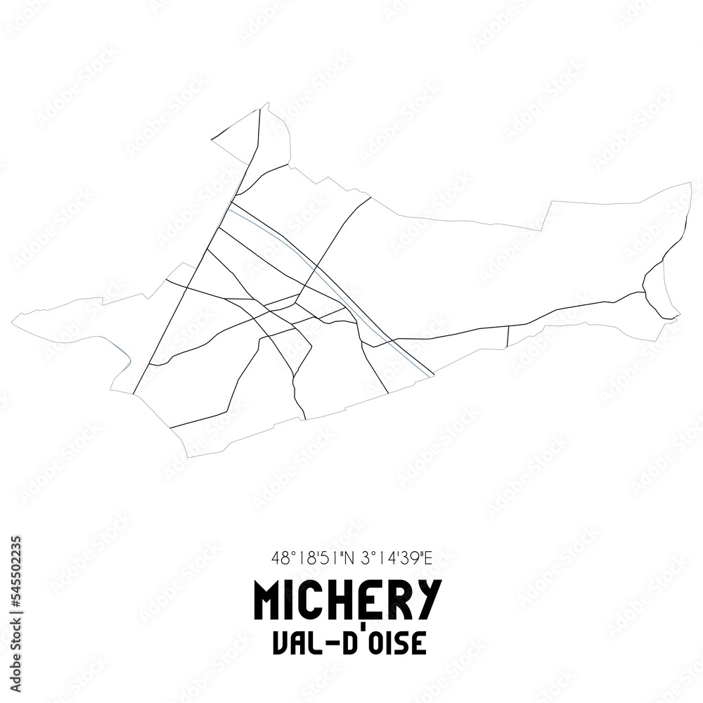 MICHERY Val-d'Oise. Minimalistic street map with black and white lines. MICHERY Val-d'Oise. Minimalistic street map with black and white lines.