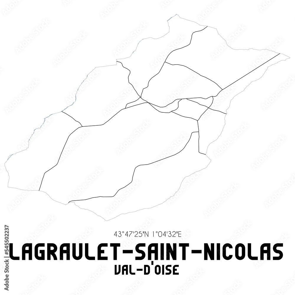 LAGRAULET-SAINT-NICOLAS Val-d'Oise. Minimalistic street map with black and white lines.
