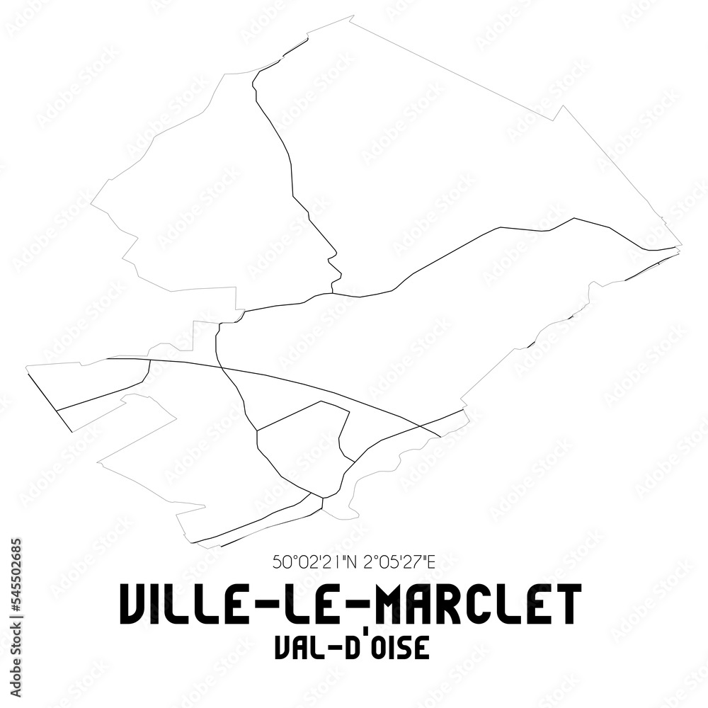 VILLE-LE-MARCLET Val-d'Oise. Minimalistic street map with black and white lines.