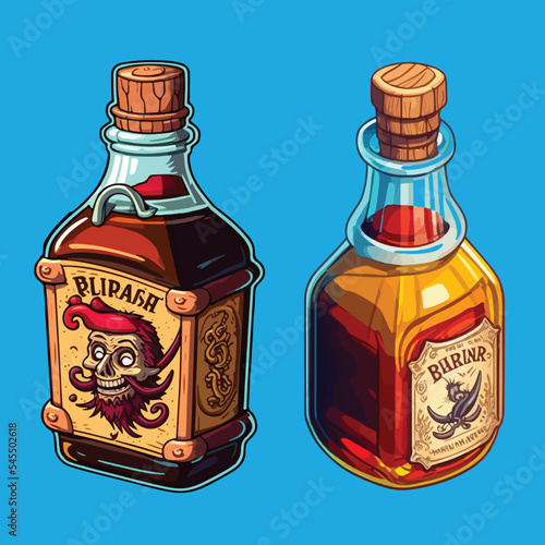 Set of isometric illustration of pirate's rum bottle