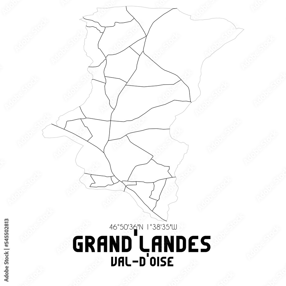 GRAND'LANDES Val-d'Oise. Minimalistic street map with black and white lines.