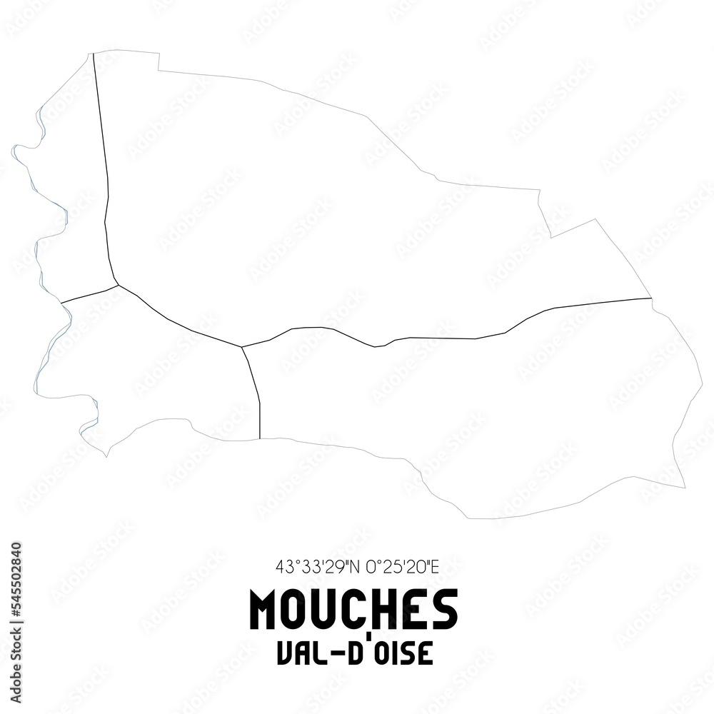 MOUCHES Val-d'Oise. Minimalistic street map with black and white lines. MOUCHES Val-d'Oise. Minimalistic street map with black and white lines.