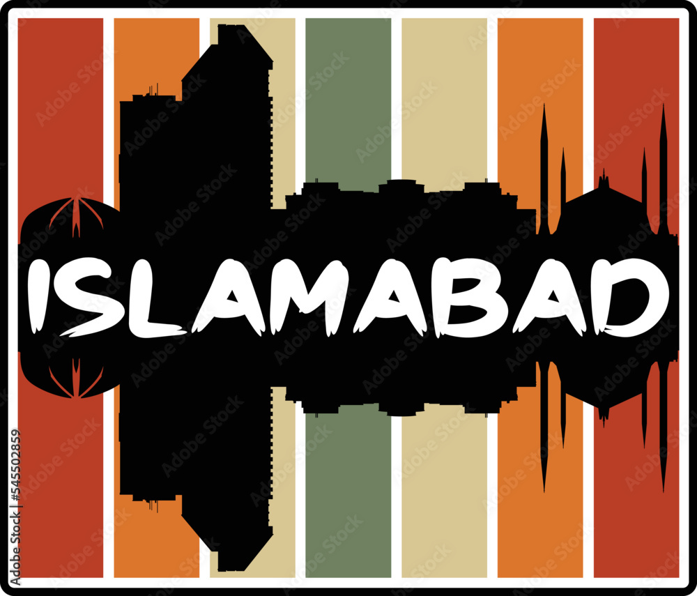 Islamabad Pakistan Skyline Sunset Travel Souvenir Sticker Logo Badge Stamp Emblem Coat of Arms Vector Illustration EPS
