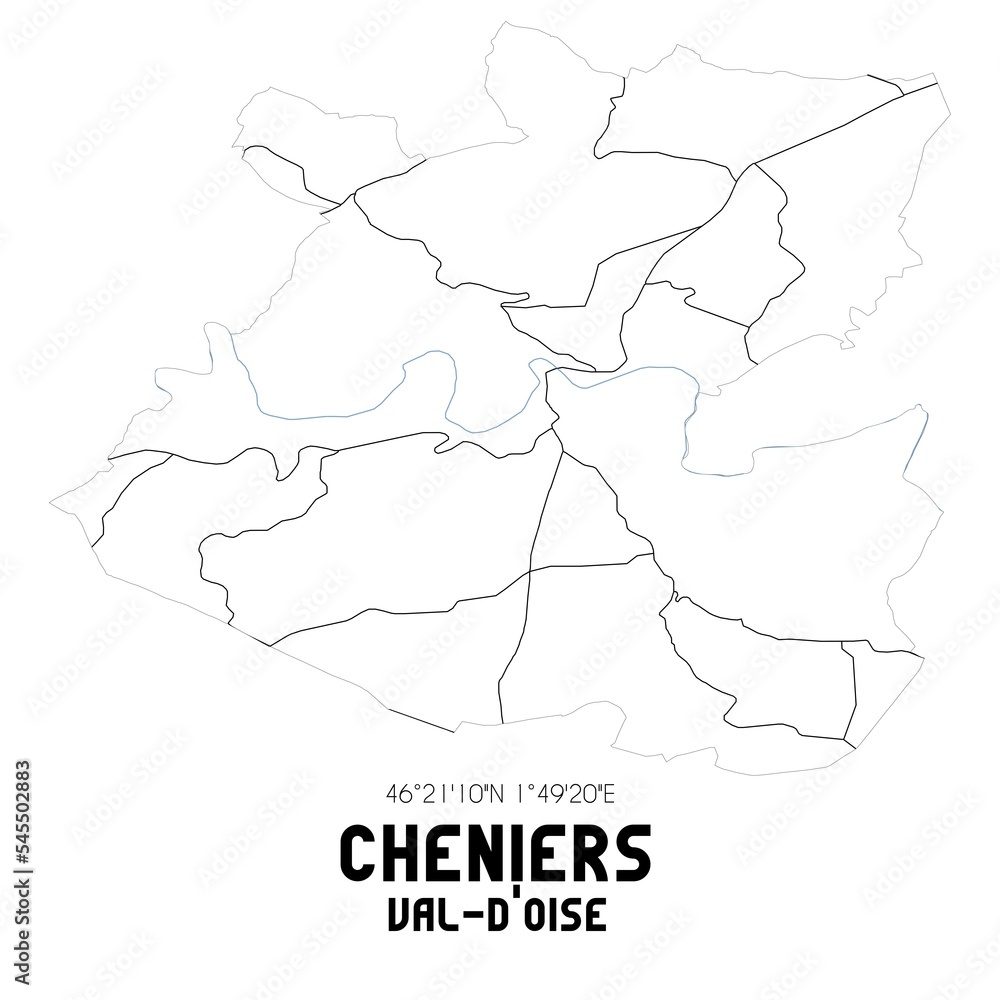 CHENIERS Val-d'Oise. Minimalistic street map with black and white lines. CHENIERS Val-d'Oise. Minimalistic street map with black and white lines.