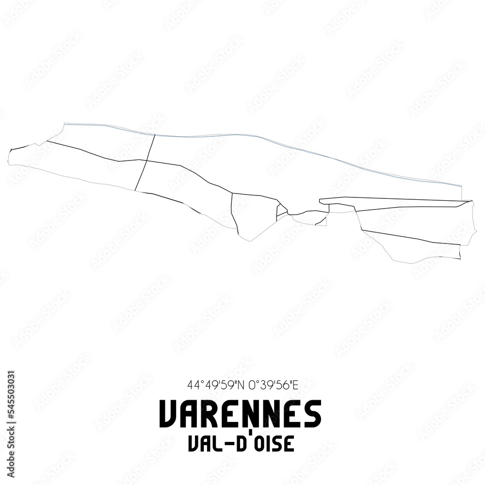 VARENNES Val-d'Oise. Minimalistic street map with black and white lines. VARENNES Val-d'Oise. Minimalistic street map with black and white lines.