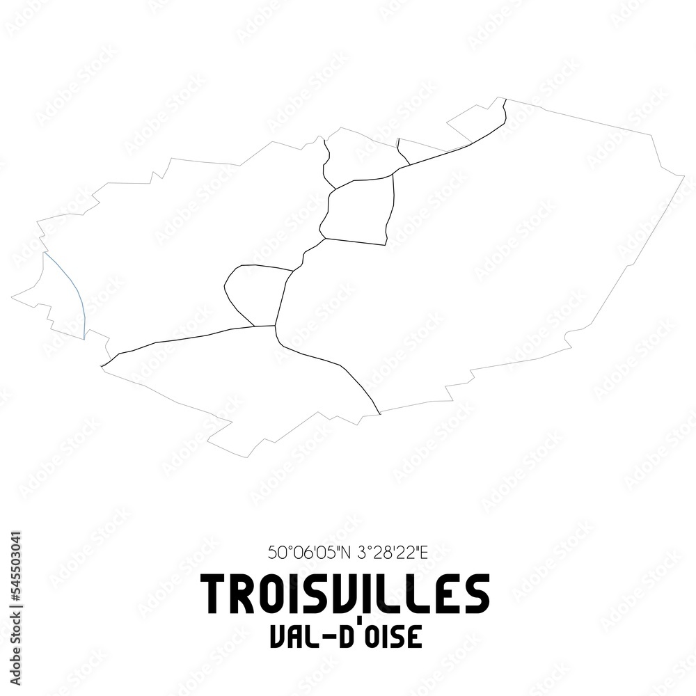 TROISVILLES Val-d'Oise. Minimalistic street map with black and white lines.
