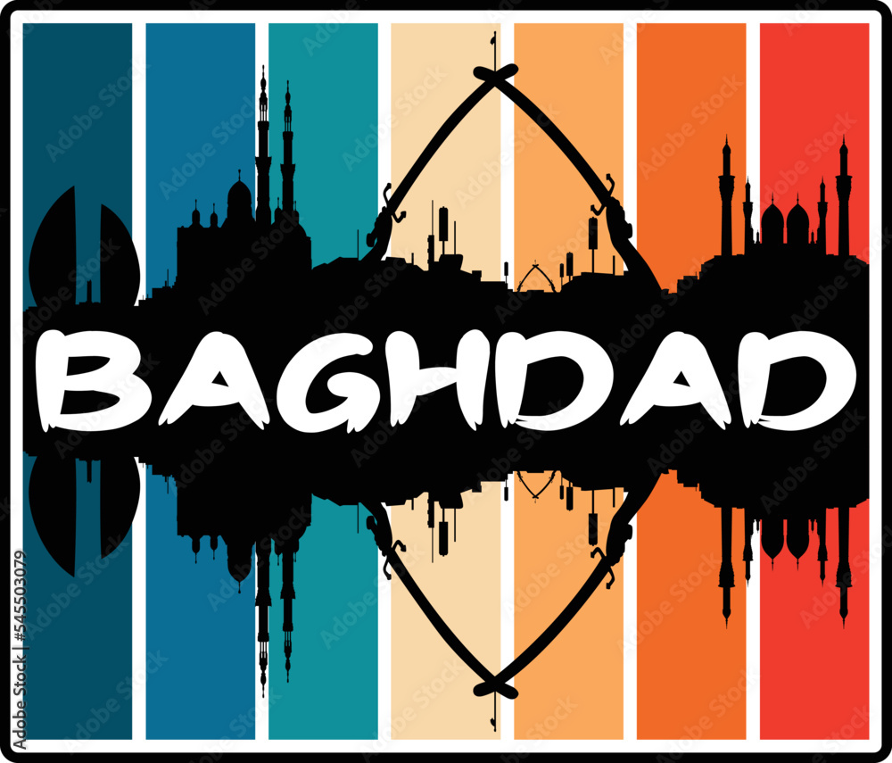 Baghdad Iraq Skyline Sunset Travel Souvenir Sticker Logo Badge Stamp Emblem Coat of Arms Vector Illustration EPS