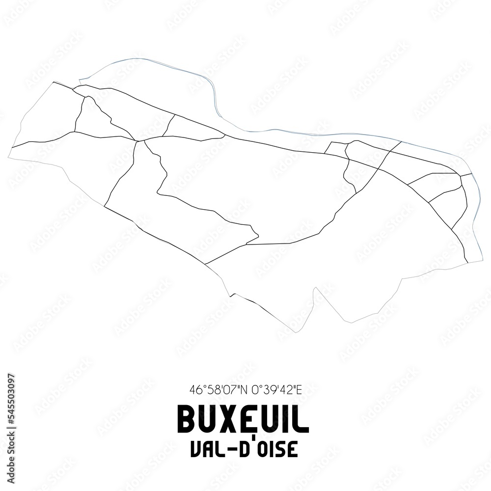 BUXEUIL Val-d'Oise. Minimalistic street map with black and white lines. BUXEUIL Val-d'Oise. Minimalistic street map with black and white lines.