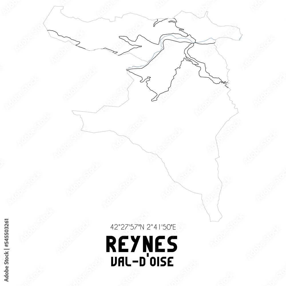 REYNES Val-d'Oise. Minimalistic street map with black and white lines. REYNES Val-d'Oise. Minimalistic street map with black and white lines.