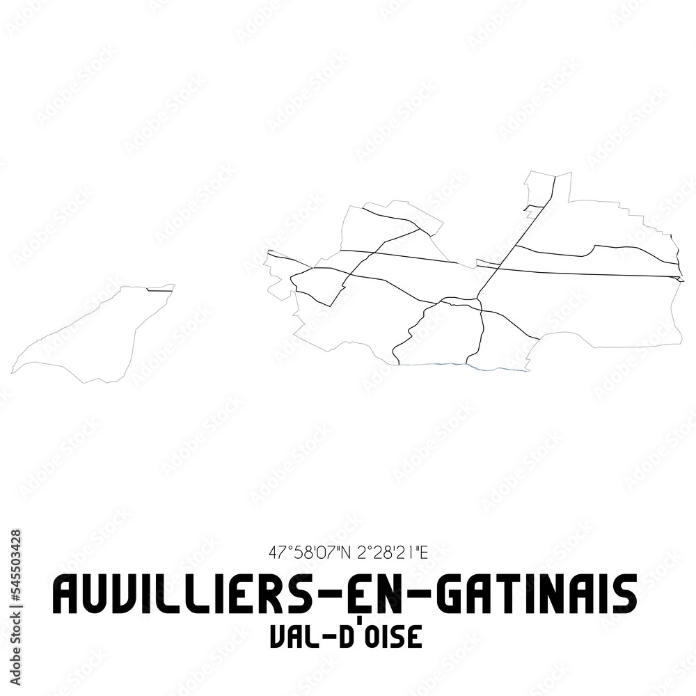 AUVILLIERS-EN-GATINAIS Val-d'Oise. Minimalistic street map with black and white lines.