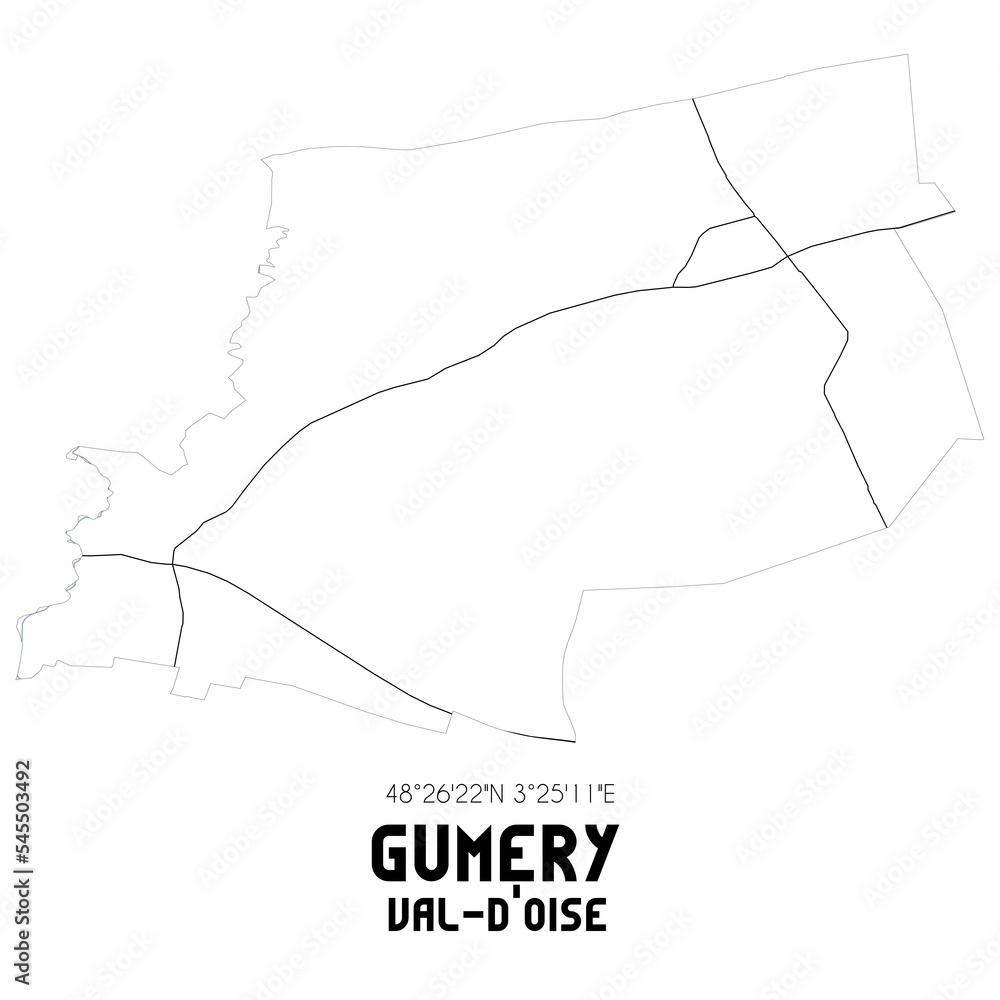 GUMERY Val-d'Oise. Minimalistic street map with black and white lines.