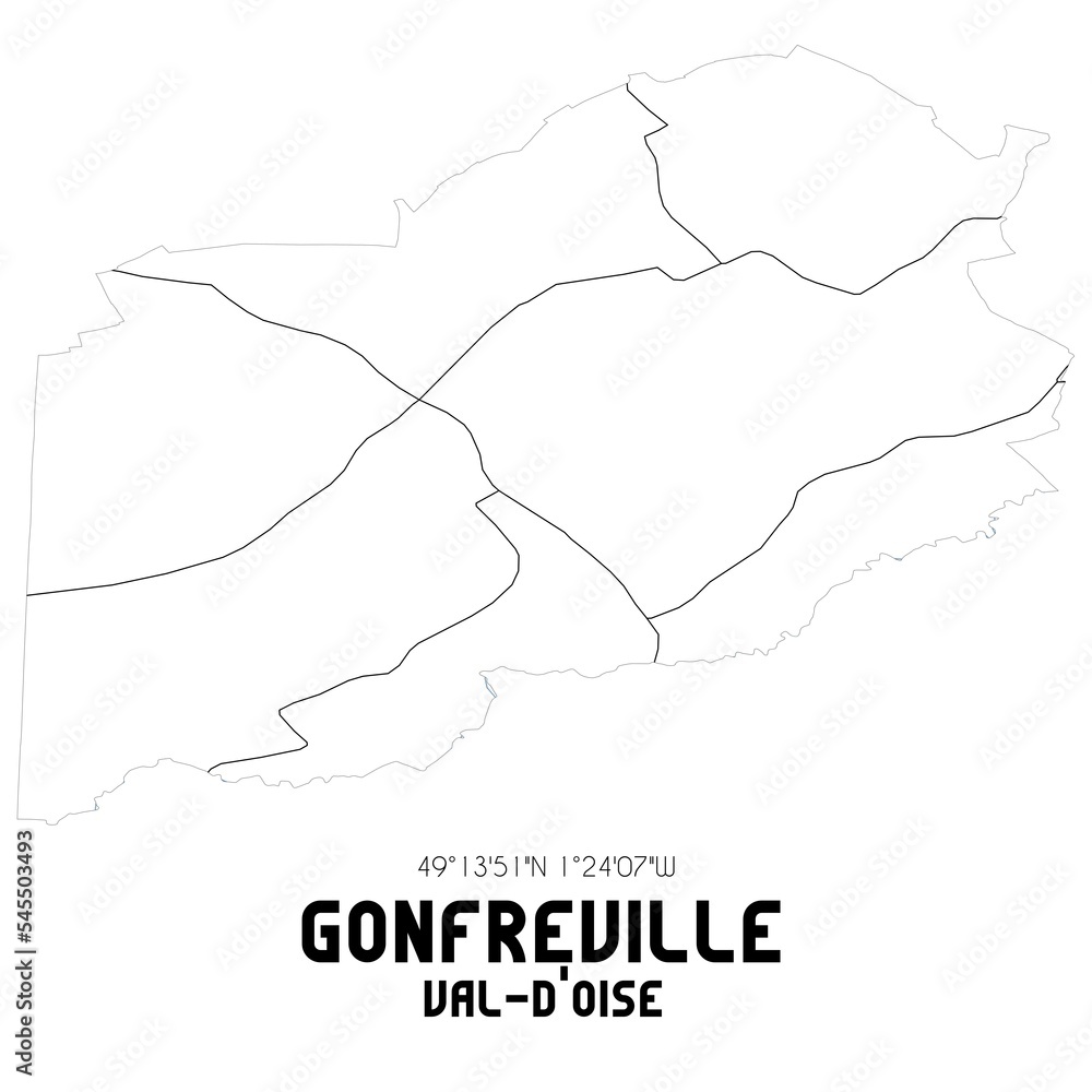 GONFREVILLE Val-d'Oise. Minimalistic street map with black and white lines. GONFREVILLE Val-d'Oise. Minimalistic street map with black and white lines.