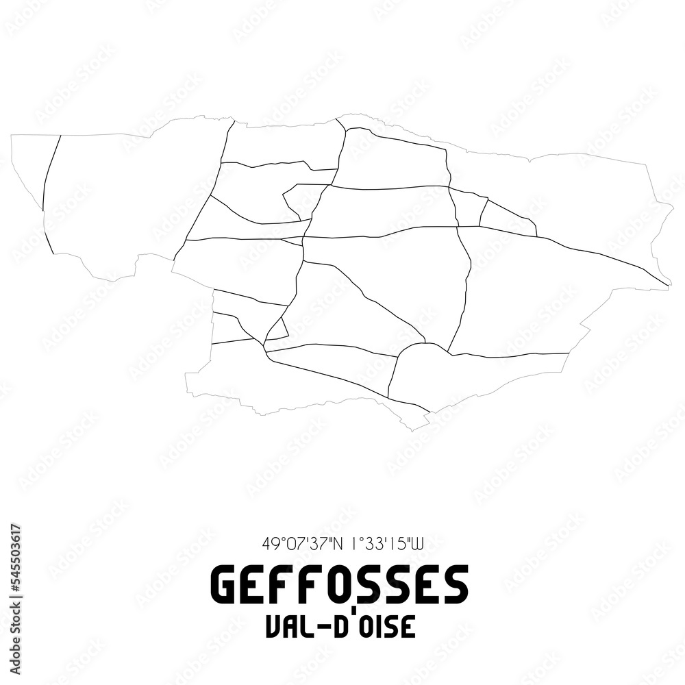 GEFFOSSES Val-d'Oise. Minimalistic street map with black and white lines. GEFFOSSES Val-d'Oise. Minimalistic street map with black and white lines.