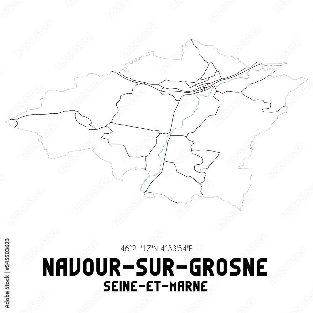 NAVOUR-SUR-GROSNE Seine-et-Marne. Minimalistic street map with black and white lines.
