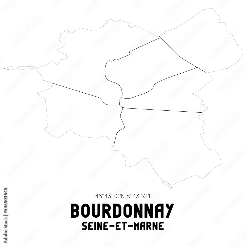 BOURDONNAY Seine-et-Marne. Minimalistic street map with black and white lines.