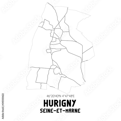 HURIGNY Seine-et-Marne. Minimalistic street map with black and white lines.