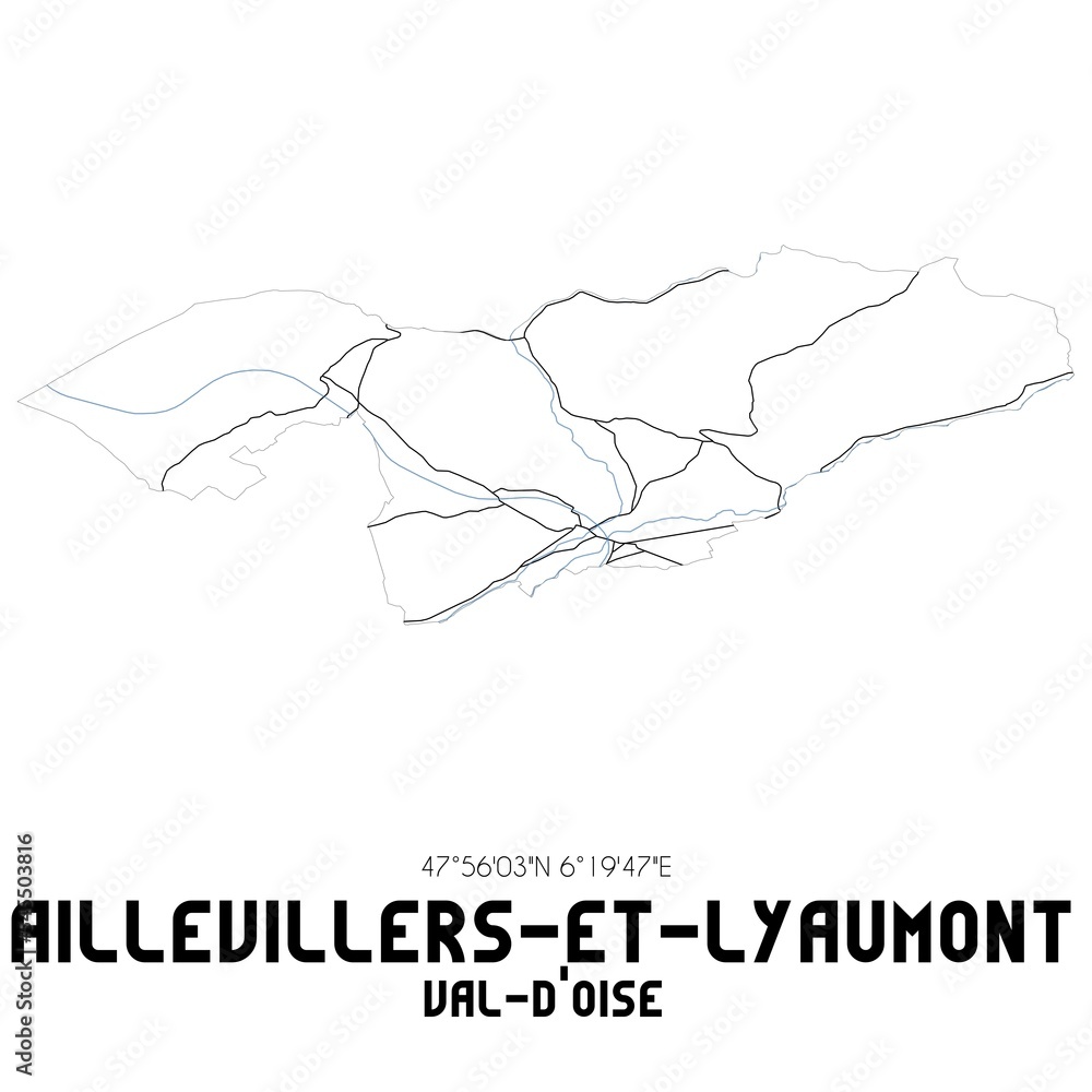 AILLEVILLERS-ET-LYAUMONT Val-d'Oise. Minimalistic street map with black and white lines. AILLEVILLERS-ET-LYAUMONT Val-d'Oise. Minimalistic street map with black and white lines.
