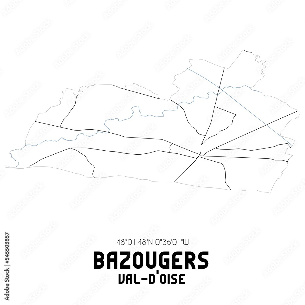 BAZOUGERS Val-d'Oise. Minimalistic street map with black and white lines.