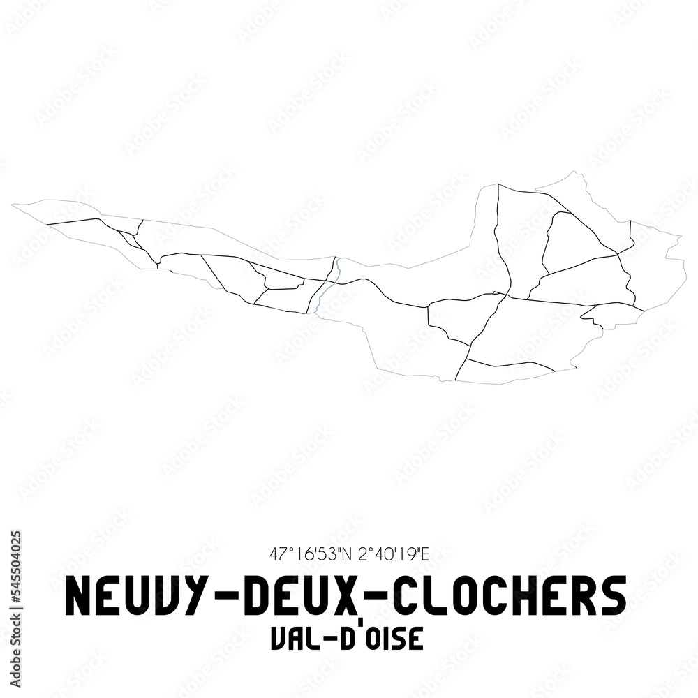 NEUVY-DEUX-CLOCHERS Val-d'Oise. Minimalistic street map with black and white lines. NEUVY-DEUX-CLOCHERS Val-d'Oise. Minimalistic street map with black and white lines.