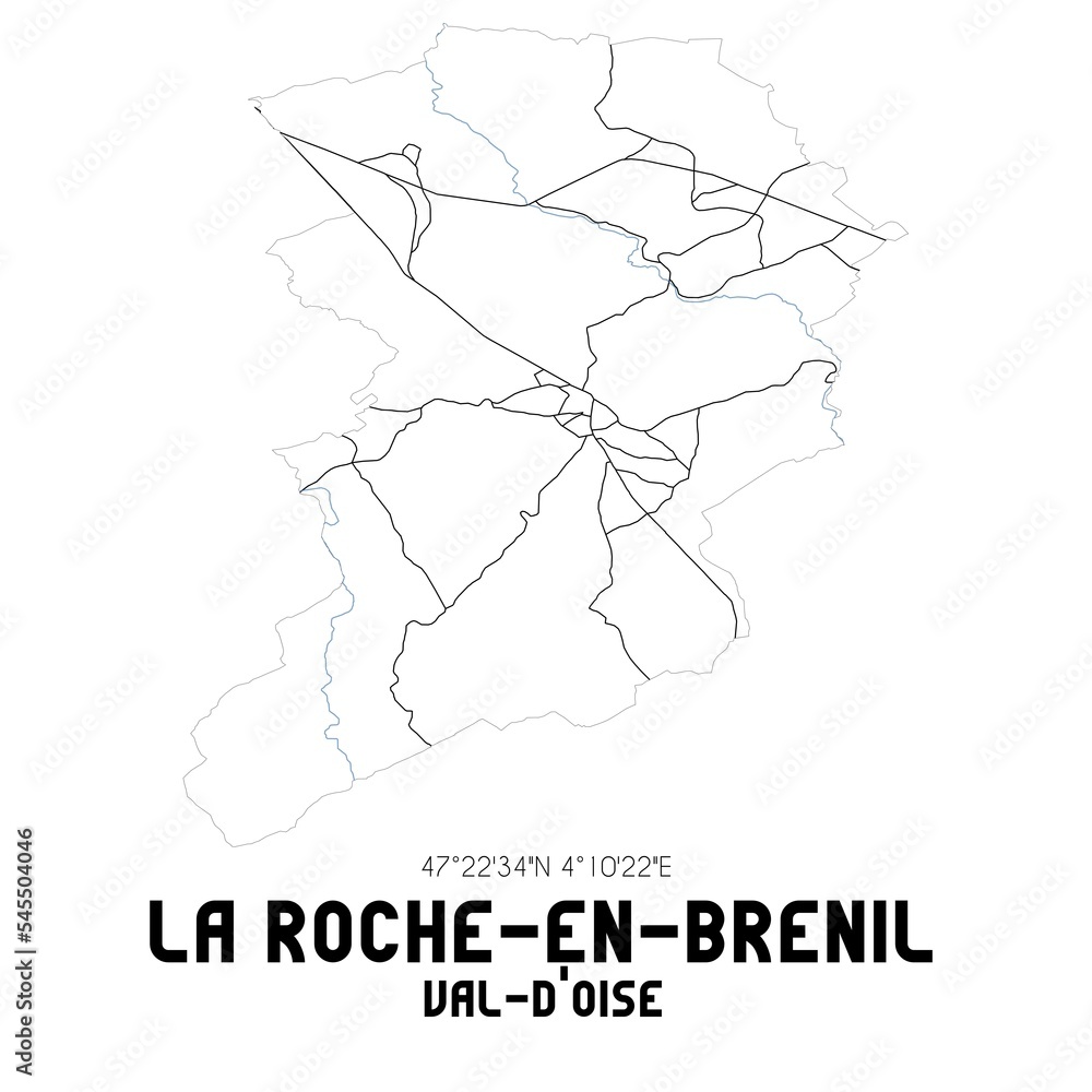 LA ROCHE-EN-BRENIL Val-d'Oise. Minimalistic street map with black and white lines.