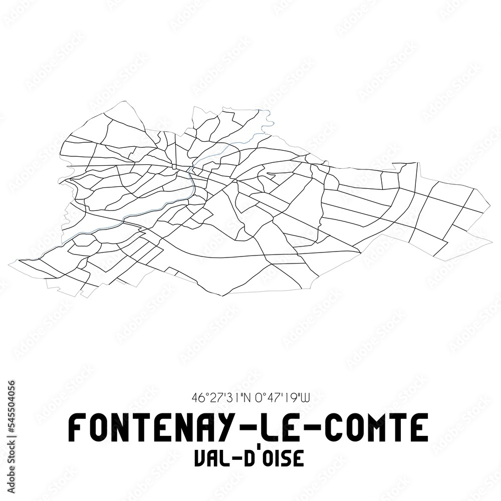 FONTENAY-LE-COMTE Val-d'Oise. Minimalistic street map with black and white lines.