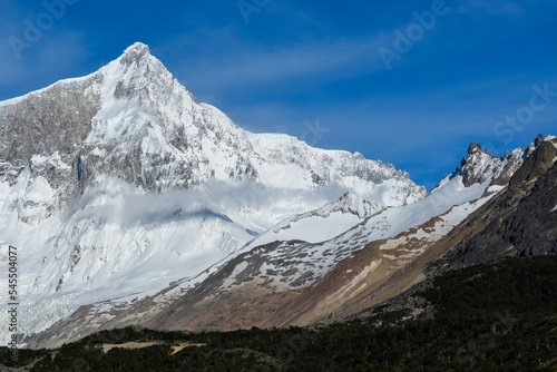 View of snowcapped peak Cerro San Lorenzo in Patagonia, Argentina