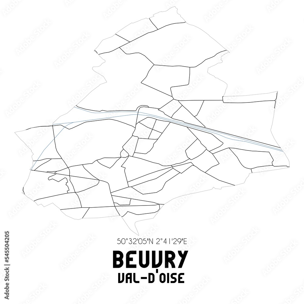 BEUVRY Val-d'Oise. Minimalistic street map with black and white lines. BEUVRY Val-d'Oise. Minimalistic street map with black and white lines.