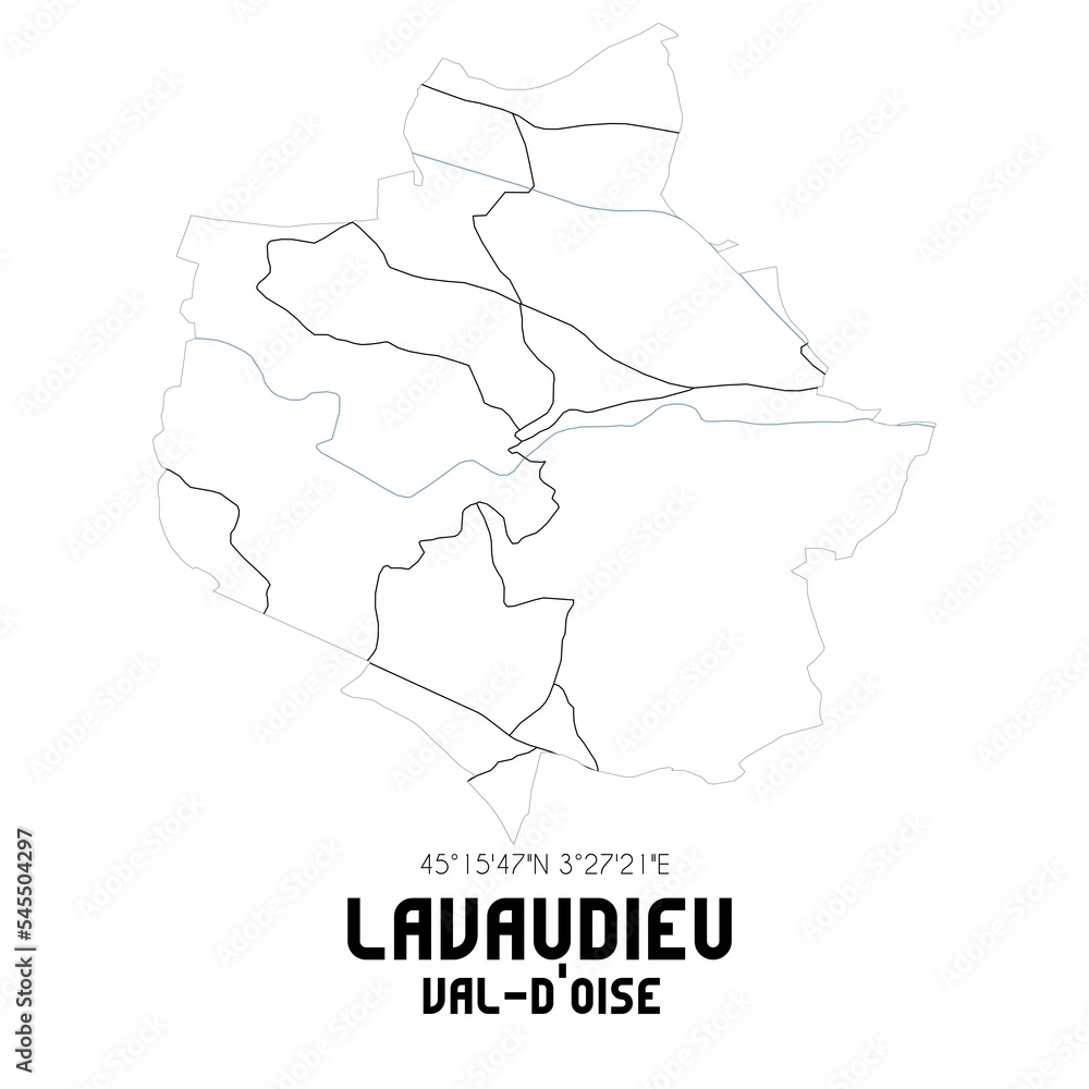 LAVAUDIEU Val-d'Oise. Minimalistic street map with black and white lines. LAVAUDIEU Val-d'Oise. Minimalistic street map with black and white lines.