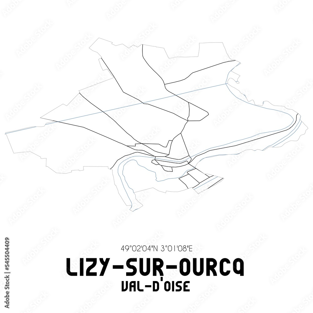 LIZY-SUR-OURCQ Val-d'Oise. Minimalistic street map with black and white lines.
