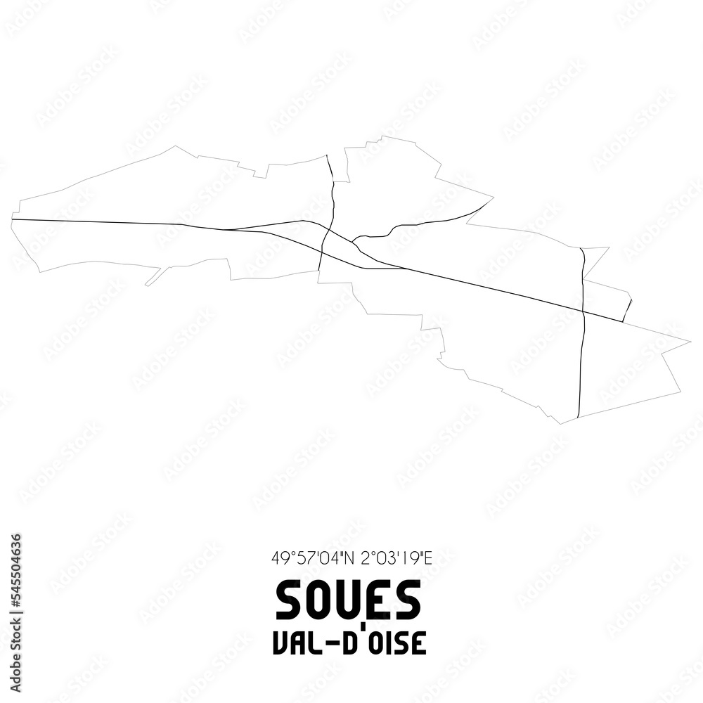 SOUES Val-d'Oise. Minimalistic street map with black and white lines. SOUES Val-d'Oise. Minimalistic street map with black and white lines.