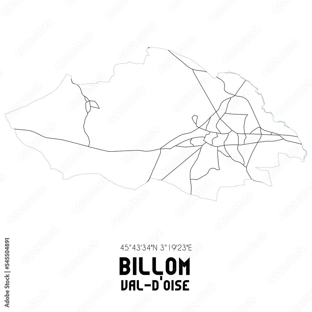 BILLOM Val-d'Oise. Minimalistic street map with black and white lines. BILLOM Val-d'Oise. Minimalistic street map with black and white lines.