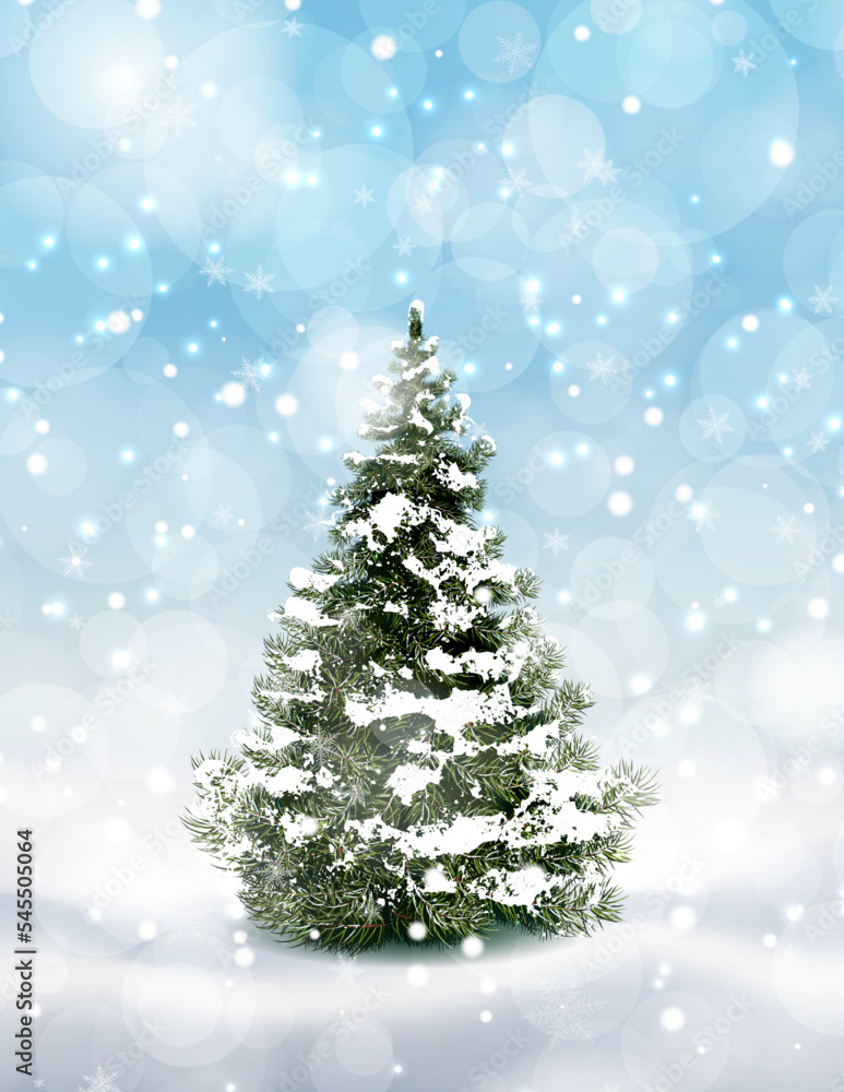 Realistic vector fluffy fir tree in woodland winter landscape. Falling snowflake bokeh, snow storm. Merry Christmas card, poster, winter sale ad, web design, season decoration for new year holiday