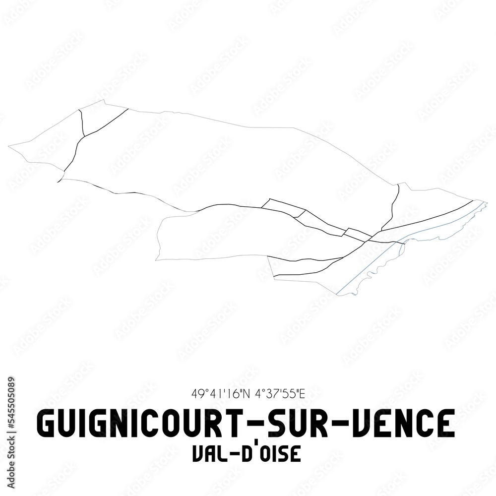 GUIGNICOURT-SUR-VENCE Val-d'Oise. Minimalistic street map with black and white lines. GUIGNICOURT-SUR-VENCE Val-d'Oise. Minimalistic street map with black and white lines.