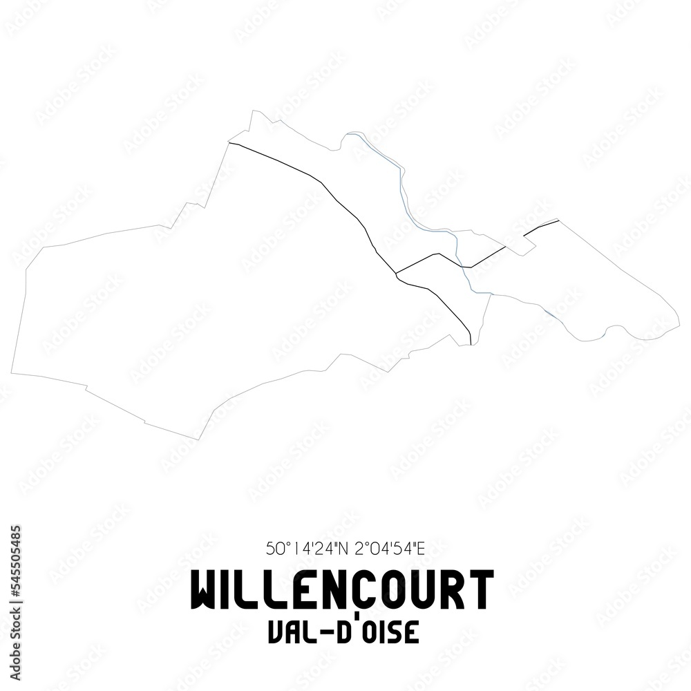 WILLENCOURT Val-d'Oise. Minimalistic street map with black and white lines. WILLENCOURT Val-d'Oise. Minimalistic street map with black and white lines.