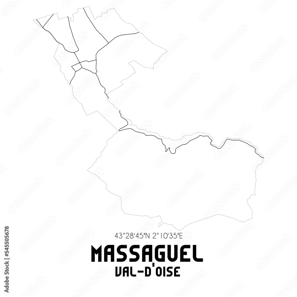 MASSAGUEL Val-d'Oise. Minimalistic street map with black and white lines. MASSAGUEL Val-d'Oise. Minimalistic street map with black and white lines.