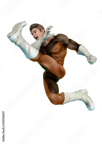 super power hero cartoon doing a mega kick