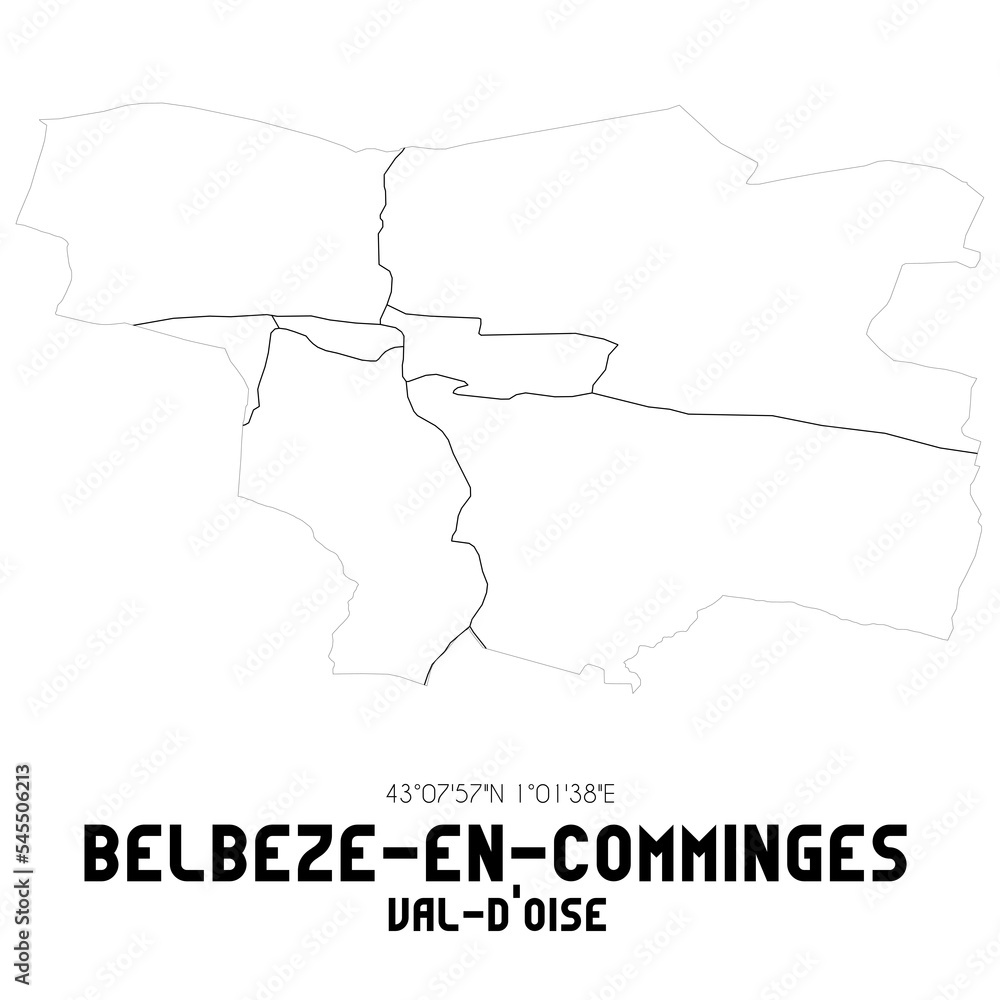 BELBEZE-EN-COMMINGES Val-d'Oise. Minimalistic street map with black and white lines.