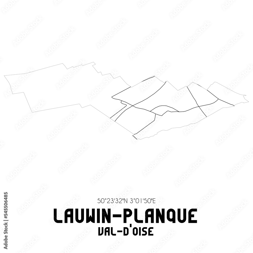 LAUWIN-PLANQUE Val-d'Oise. Minimalistic street map with black and white lines.