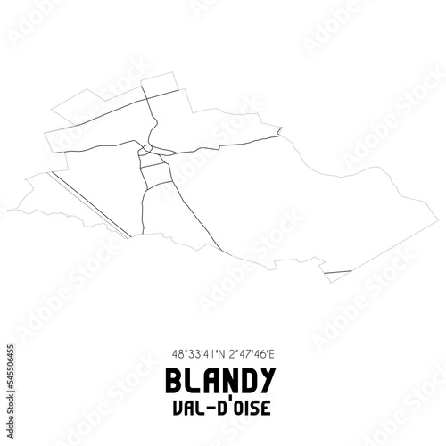 BLANDY Val-d'Oise. Minimalistic street map with black and white lines. photo