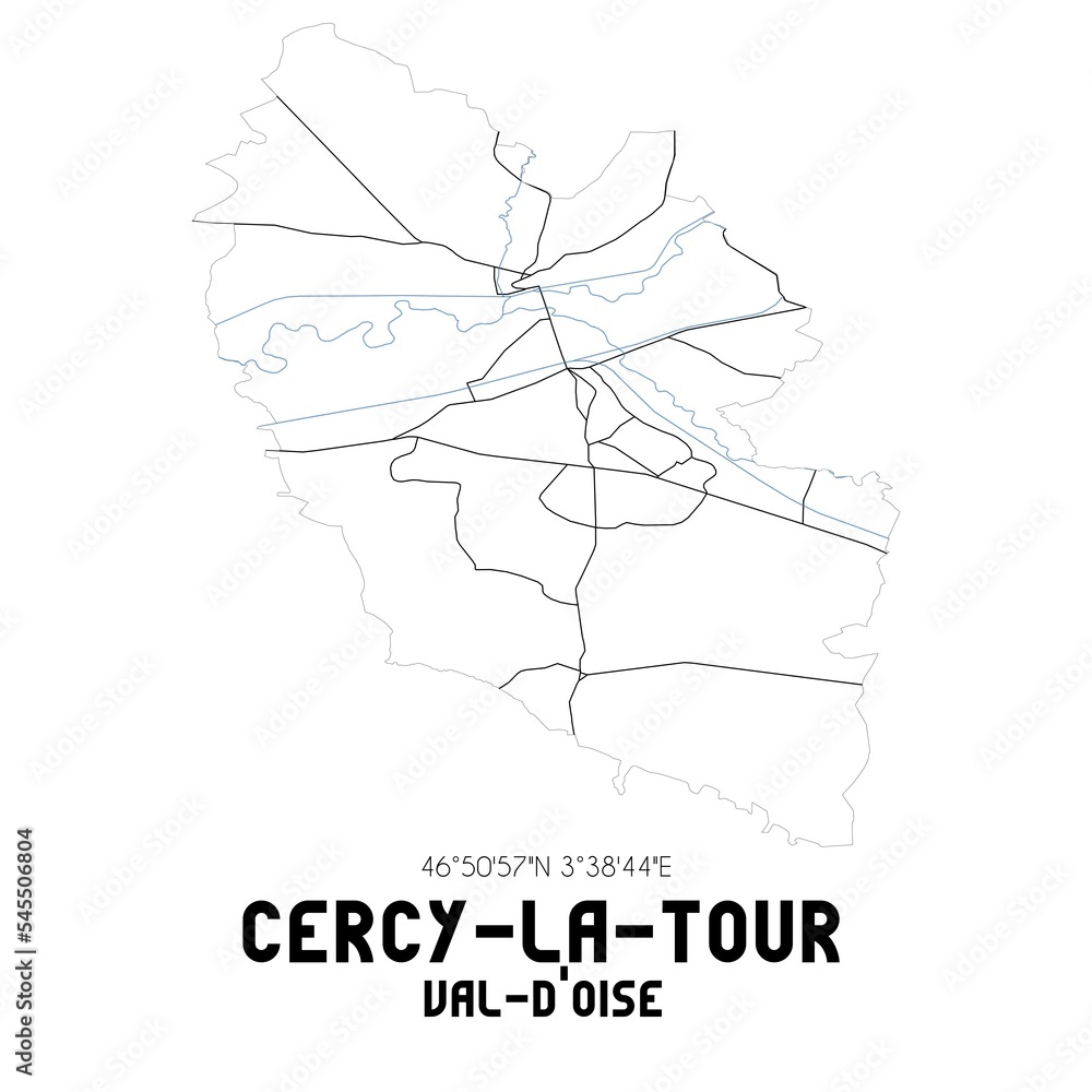 CERCY-LA-TOUR Val-d'Oise. Minimalistic street map with black and white lines. CERCY-LA-TOUR Val-d'Oise. Minimalistic street map with black and white lines.