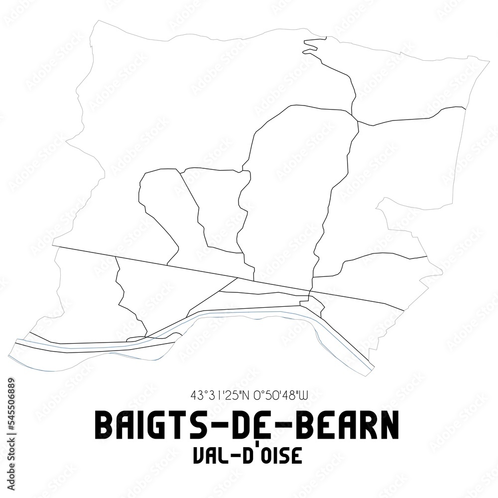 Fototapeta premium BAIGTS-DE-BEARN Val-d'Oise. Minimalistic street map with black and white lines.
