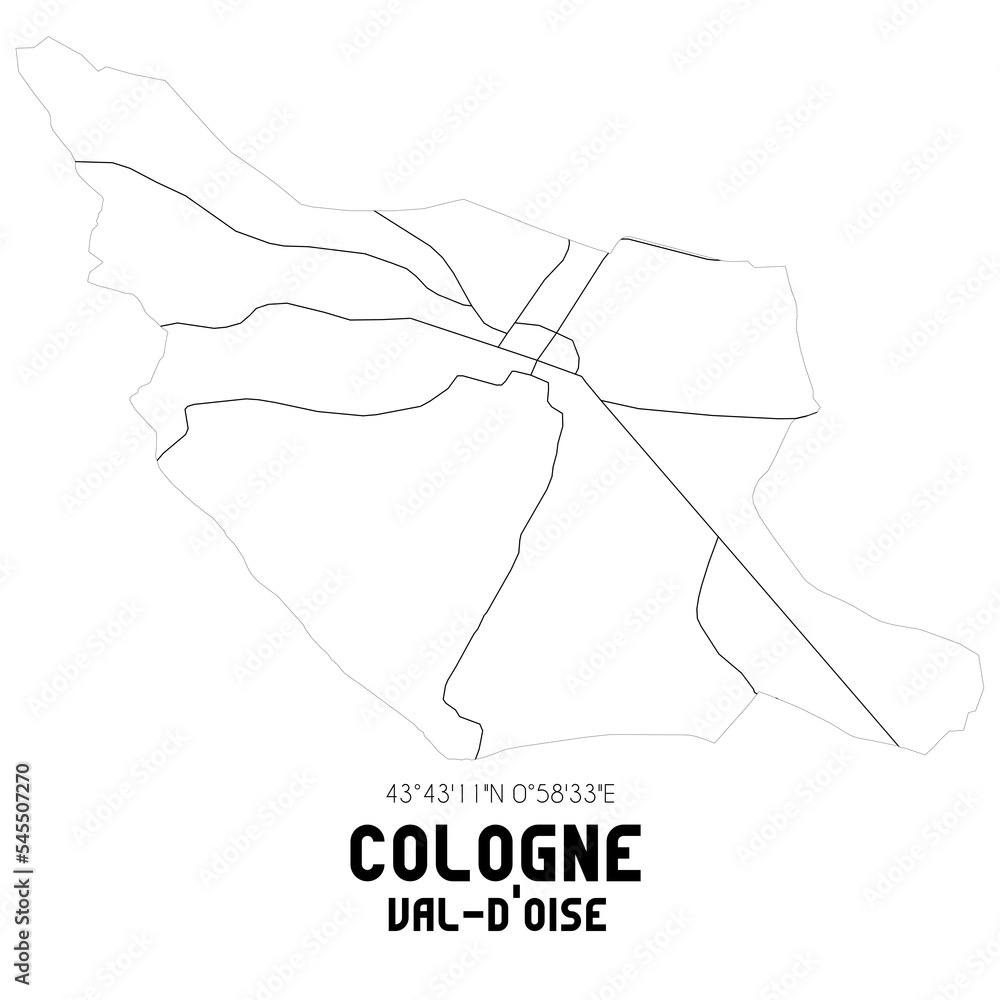 COLOGNE Val-d'Oise. Minimalistic street map with black and white lines. COLOGNE Val-d'Oise. Minimalistic street map with black and white lines.