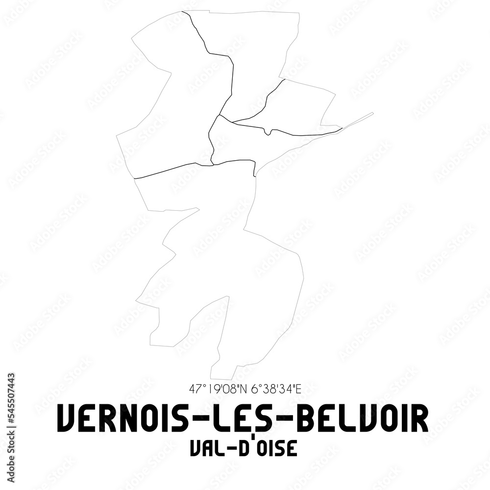 VERNOIS-LES-BELVOIR Val-d'Oise. Minimalistic street map with black and white lines. VERNOIS-LES-BELVOIR Val-d'Oise. Minimalistic street map with black and white lines.