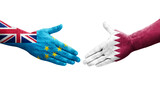 Handshake between Tuvalu and Qatar flags painted on hands, isolated transparent image.